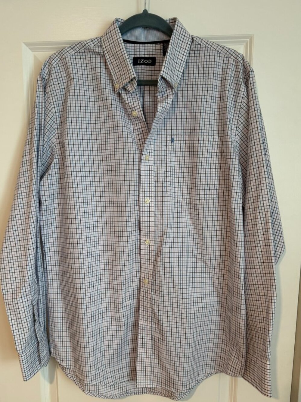 IZOD Men's Medium Blue Purple Plaid Button Down Long Sleeve Cotton Shirt M